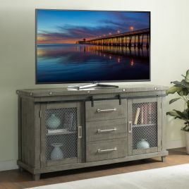Vilo Home Industrial Charms Barn Door 65" Gray TV Stand with Distressed Design